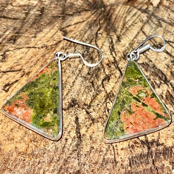 Triangular Unakite Jasper Earrings 1 1/2” - Picture 7 of 10
